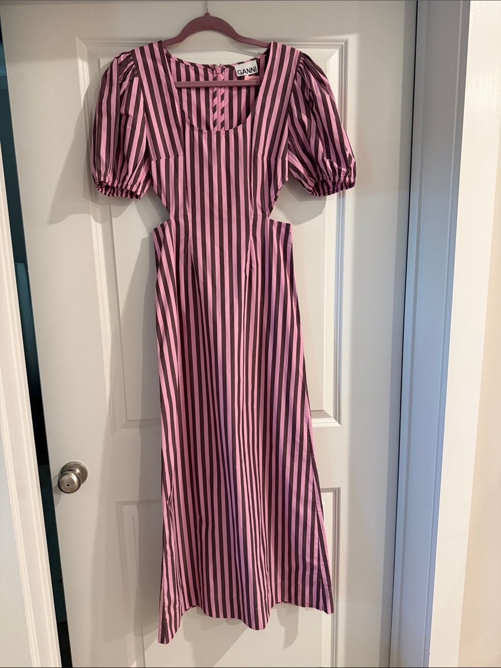 Ganni Pink and Brown Vertical-Stripe Puff-Sleeve Maxi Dress - Picture 4 of 5